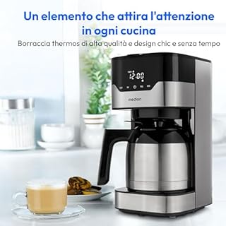 MEDION Macchina da caffè con caraffa termica e timer (8 tazze, 1,2 L, 900 W, 3 livelli, funzione mantenimento caldo, antigoccia, display, MD18458) acciaio inox