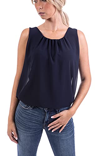 U&F Damen Sommer Basic Chiffon Tunika Top mit Wasserfallkragen und Gummizug am Saum | Tunika Top für Frühling, Sommer und Herbst oder Elegant als Abendgarderobe |Dunkelblau Größe: M Cover