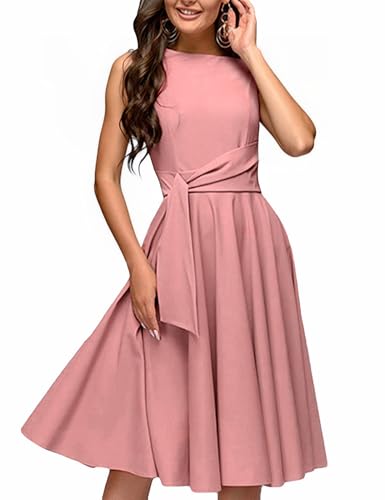 Image of FENJAR Women's Elegance Audrey Hepburn Style Ruched Dress Round Neck Sleeveless Swing Midi A-line Dresses (US, Alpha, Medium, Regular, Regular, AA-Pink)