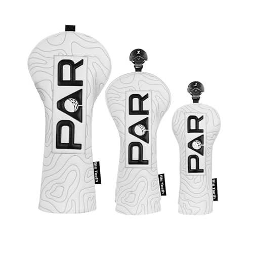 Golf Club Head covers Wood Set 3 PACKS 1FH DR FW UT for Driver Fairway Hybrid with No.Tag Elastic Closure White PU Leather Black PAR Pattern