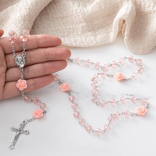 ROCEEI Catholic Rosary Beads Necklace for Women Crystal Beads Flowers Necklace Rosaries Prayer Gifts with Organza Bags for First Communion Confirmation Baptism4