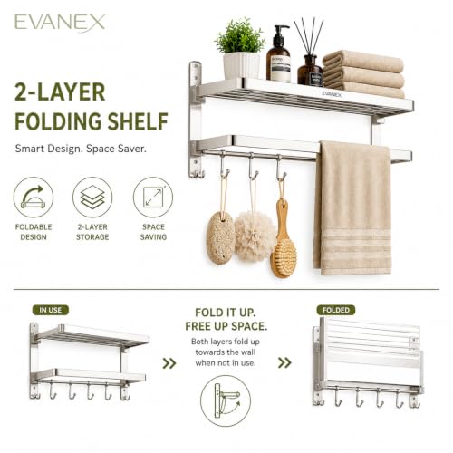 Image of EVANEX Towel Rack for Bathroom 304 Stainless Steel Towel Holder 24 Inch Folding Towel Rack with Shelf Wall Mounted Chrome Finish Bathroom Organizer, Bathroom Accessories Set