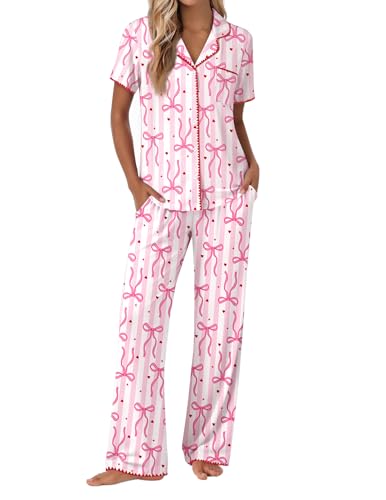 Image of Ekouaer Pajamas for Women Set Button Up Soft Pjs Short Sleeve 2 Piece Lounge Sets Comfy Sleepwear