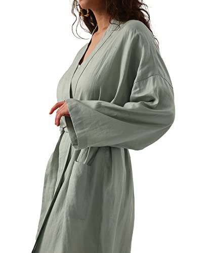 Image of Amazhiyu Womens Pure Linen Mid Length Kimono Robes Lightweight Long Sleeve Bathrobe
