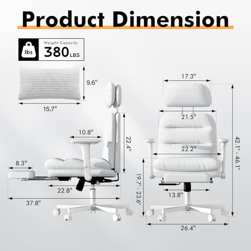 Image of GXJ Criss Cross Legged Office Chair with Flip-up Arms, Footrest, G800 Plus | 6.3 inch Cushion Relieves Tailbone Pain, Head-Lumbar Support Eases Fatigue, Smooth Rolling Wheels, Corduroy Desk Seating, White