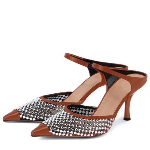 iadore Women Sexy High Heel Pumps Strappy Chic Slip-on Splicing Mesh Satin Pointed Toe Shoes Rhinestone Studded Summer Pumps Size 5-12 US3