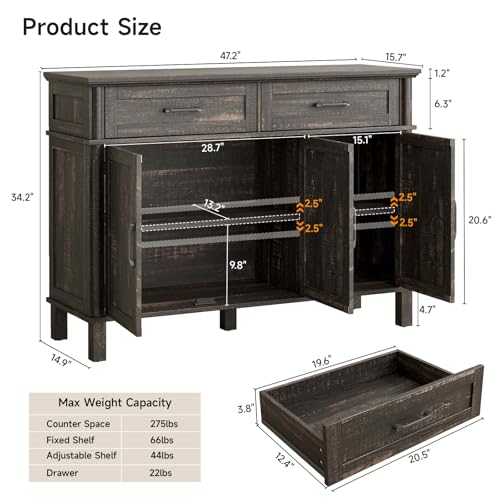 Image of 48 Inches Buffet Cabinet with Storage, Farmhouse Sideboard Buffet w /2 Drawers and 3 Doors, Wood Coffee Bar Cabinet with Adjustable Shelves, Sideboard Storage for Kitchen, Living Room, Rustic Brown