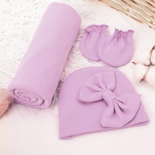 Image of AQOKKA Newborn Receiving Blanket with Bow Hat Mittens Wooden Card Set Newborns Toddler Baby Boy Girl Nursery Swaddle Wrap