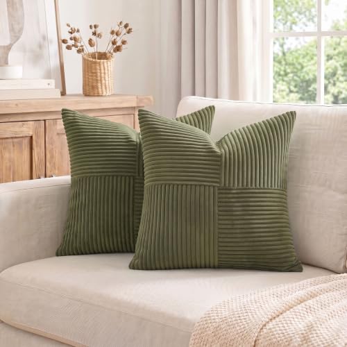 Image of Fancy Homi 2 Packs Olive Green Big Decorative Throw Pillow Covers 24x24 Inch for Living Room Couch Bed, Rustic Farmhouse Boho Home Decor, Soft Corss Corduroy Patchwork Accent Cushion Case 60x60 cm