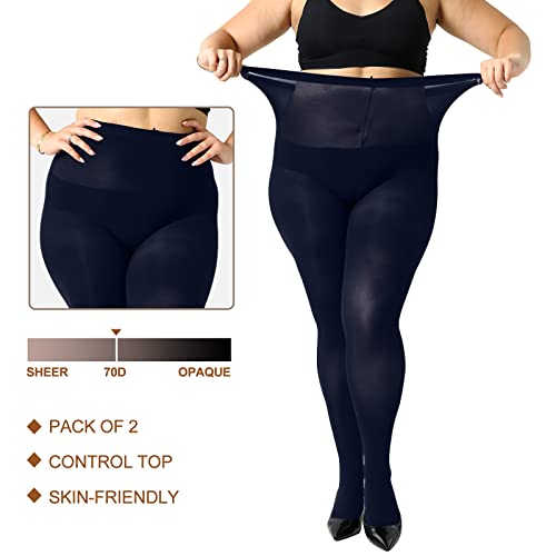 Image of Yilanmy 2 Pairs Plus Size Tights for Women 70D Semi Opaque Control Top Pantyhose Queen Size High Waist Stockings