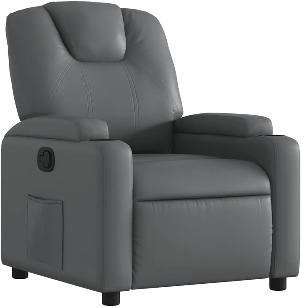 vidaXL Gray Faux Leather Recliner Chair with Manual Recline, Cup Holders and Side Pocket for Living Room, Bedroom Comfort