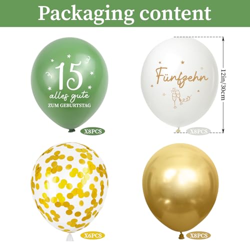Luftballons 15 Jahre Geburtstag, 30 Stück Deko 15. Geburtstage Junge Mädchen, 15 Alles Gute zum Geburtstag Ballons, Salbeigrüne Gold 15. Geburtstagsdeko, 15th Birthday Konfetti Ballon Party