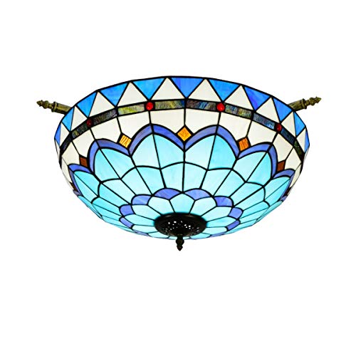 Lustre en vitrail bleu plafonnier 55 cm style méditerranéen restaurant