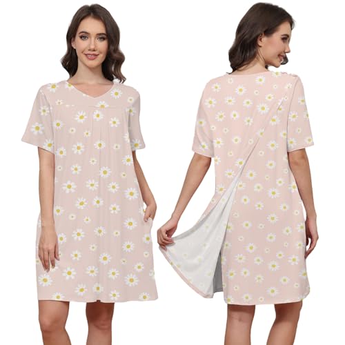Image of Hospital Gowns for Women Open Back Tear Away Snap Post shoulder Dress Short Sleeve Soft Adaptive Clothing with Pockets