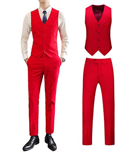 Mens Suits 2 Piece Formal Suit Vest Pants with Tie Slim Fit Suits for Men Wedding Prom Tuxedo Dress Suit Set US Size L Red2