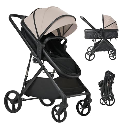 SOFTSEA ベビーカー 両対面 新生児から3歳まで フラットコートモード＆チェアモード兼用 ワンタッチ折りたたみ 軽量 4輪サスペンション付き 大型幌 3段階リクライニング 折り畳みバギー (ベージュ)のサムネイル