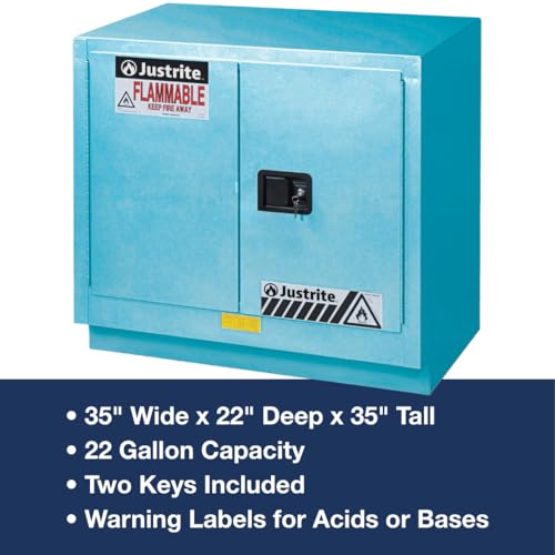 Image of Justrite Acid Corrosive Storage Cabinet - 22 Gallon 2 Door Manual Close Chemical Storage Cabinet with Removable Polyethelene Trays - 22 inch x 35 inch x 35 inch - Made in The USA - Light Blue - 892302