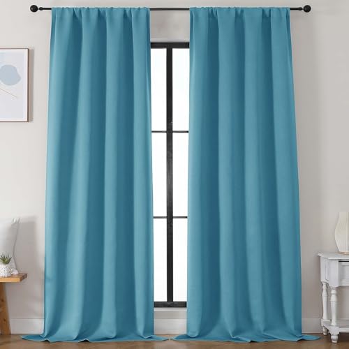 Image of Simplebrand Ava Turquoise Blackout Curtains for Bedroom 96 Inches Long 2 Panels, Solid Thermal Insulated, Energy Saving Nursery Window Treatment Curtains Blackout Drapes, W50 x L96 Inch, Turquoise