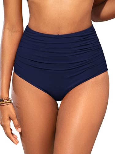 SHEKINI Women Shaping Swimwear Bottoms High Waisted Bikini Bottom Tummy Control Ruched Swim Brief Bottom, Navy Blue, Large