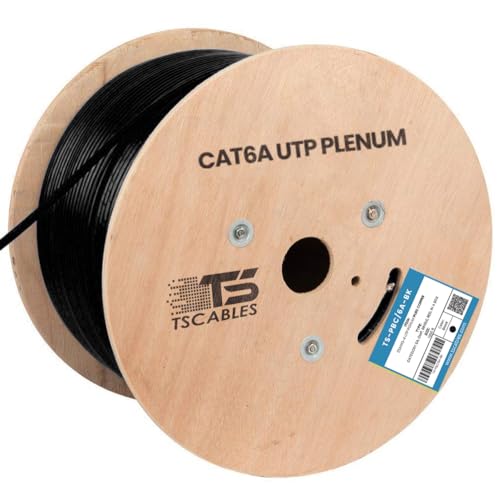 TSCables | Cat6A Plenum (CMP) 1000ft, 750Mhz, PoE++ (4PPoE) | 100% Solid Bare Copper | 23AWG Unshielded Twisted Pairs (UTP), Available in 9 Colors for Easy Identification (Black, 1000ft)