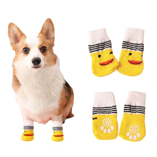 犬 靴下 滑り止め 4個セット 犬用ソックス 脱げない 可愛い 柔らかい 肉球保護 足舐め防止 ケガ予防 お散歩 お出かけ 防寒 室内 猫用 小中大型犬 ペット用品 (イエローアヒル, M)