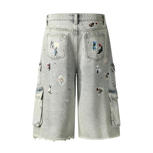 CUTEGAL Paint Cargo Jorts Dog Graphic Y2k Baggy Cropped Jeans Grunge Denim Capri Pants Casual Streetwear Men Unisex2