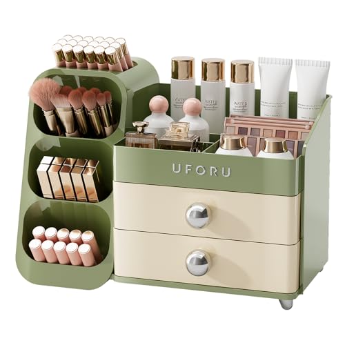 Image of UFORU Makeup Organizer for Vanity with Brush Holder, Large Capacity Bathroom Countertop Skincare Organizer with 2 Drawers, Cosmetic Display Case for Perfumes, Eyeshadow Palettes, Nail Polishes