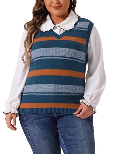 Agnes Orinda Plus Size Sweaters for Women Sleeveless V Neck Striped Knit Casual Pullover Sweater Vests