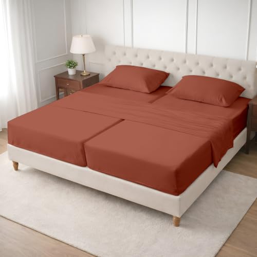 Image of SGI Split King Sheet Set for Adjustable Bed Egyptian Premium Cotton 600 Thread Count Sheets for Sleep Number Bed 15 inch Deep Pocket 5 Pc Set with 2 Twin XL Fitted Sheets Soft Breathable - Terracotta
