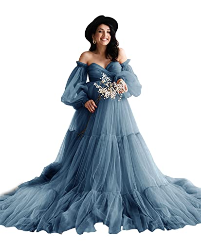 Midiluy Dusty Blue Maternity Dress Tulle Robe Pregnancy Dresses for Photoshoot Puffy Ruffles Bridal Lingerie Bathgown Sheer Wedding Scarf for Baby Shower Dusty Blue M