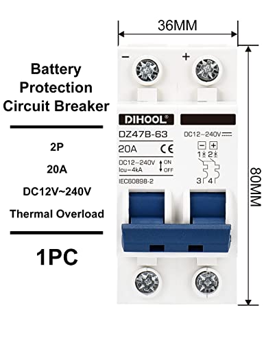 Dihool Miniature Circuit Breaker 20 Amp 2P Dc Solar Disconnect Switch 12-240Volt For Pv Solar, Ups, Rv Battery, Din Rail Mount, Overload Protection #TOP3