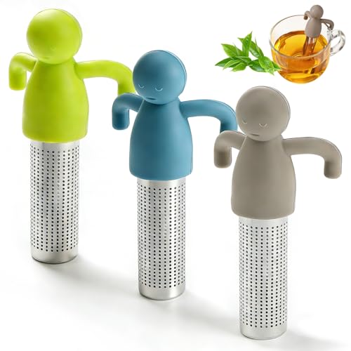 3 Pièces Boule à Thé, Boule a The，Infuseur Thé, 11 * 5.5 * 2cm, Acier Inoxydable 304, Humanoïde En Silicone, Détachable, Peut Être Suspendu, Adapté à La Filtration Du Thé (Gris, Bleu, Vert)
