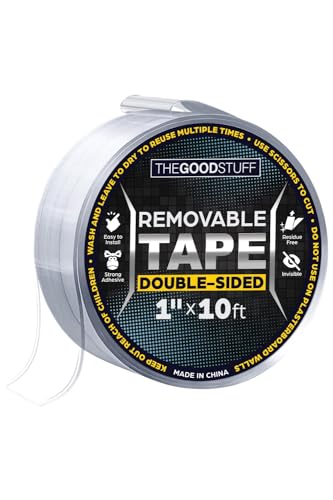 The Good Stuff Double Sided Tape Heavy Duty [1' x10ft'] Transparent Nano Tape for Mounting - Reusable 2-Sided Mounting Tape - Caution This Tape is Strong - NOT for Painted Walls