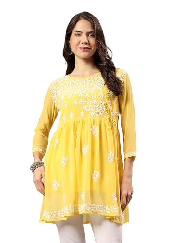 Image of Seva Chikan Hand Embroidered Lucknowi Chikankari Angarkha Georgette Top with Slip for Women SCL4041
