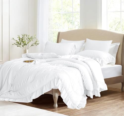 ALEISSEL White Twin Comforter Set Seersucker Vintage Comforter Soft Bedding Set Twin Size 3 Piece Set Down Alternative Light Weight Comforter Set (White Twin 68x90)