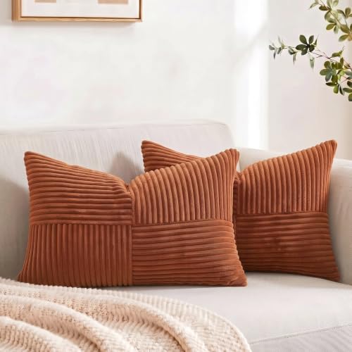 Image of Fancy Homi 2 Packs Rust Lumbar Decorative Throw Pillow Covers 12x20 Inch for Couch Bed Sofa, Rustic Farmhouse Boho Home Decor, Soft Striped Corduroy Rectangle Accent Terracotta Cushion Case 30x50 cm