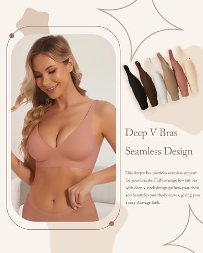 Image of Deep V Bra Padded Bralettes for Women 2 Pack - Low Cut Bras for Deep V Neck Wireless Push Up Bralette Comfort A-D Cups