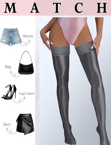 Medias de seda opacas para mujer con encaje brillante premium 4