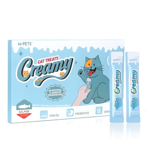 Image of M-PETS Rich Salmon & Omega-3 Lickable Cat Treat - 20 Tubes of Healthy Squeeze Up Creamy Snacks with Functional Nutrients & Beta-Carotene for Immune, Skin & Coat Support - Grain Free, High Protein