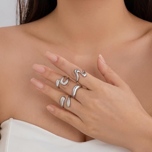 Image of Shining Diva Fashion Stylish Trendy Finger Rings Set for Women & Girls | Chunky Minimal Statement Ring Combos Modern Elegant Jewellery Collection