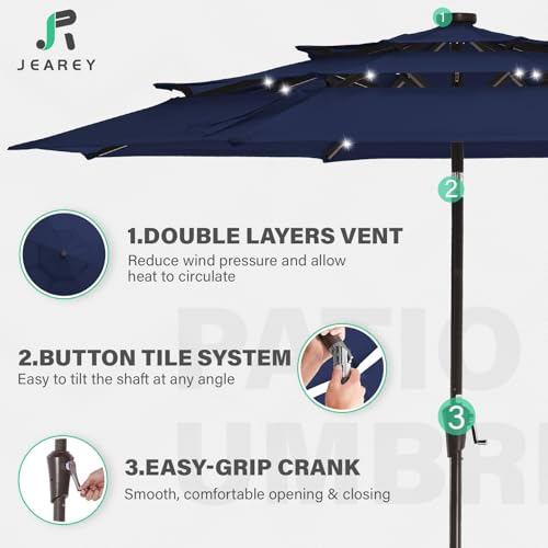 Image of JEAREY 3 Tiers Patio Umbrella with Solar Lights 9ft Outdoor Market Table Umbrellas with Push Button Tilt for Outside Pool Garden, Navy Blue