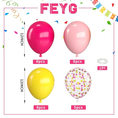 Image of Pink and Yellow Balloons 12 Inch Maca Hot Pink Yellow Balloons | Yellow and Pink Balloon with Confetti Balloons and Ribbon for Girls Peach Birthday Baby Shower Engagement Party Decorations