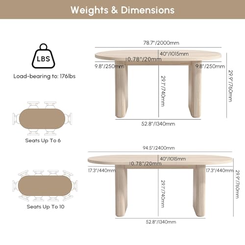 Image of homary Oval Extendable Dining Table 79 inch-94 inch, Japandi Wooden Dining Table for 6-10, Solid Wood Kitchen & Dining Room Table with Double Pedestal Base (Table Only)