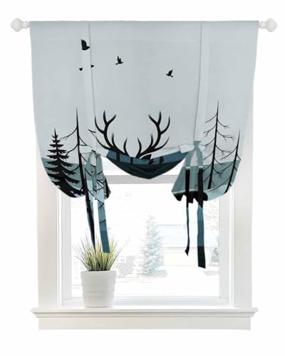 Tie Up Curtains for Windows Forest Elk Bird Silhouette Rod Pocket Tie-Up Window Shade Adjustable Balloon Curtain Valance Gradient Stripes for Bedroom Kitchen Bathroom Blinds,42x45in