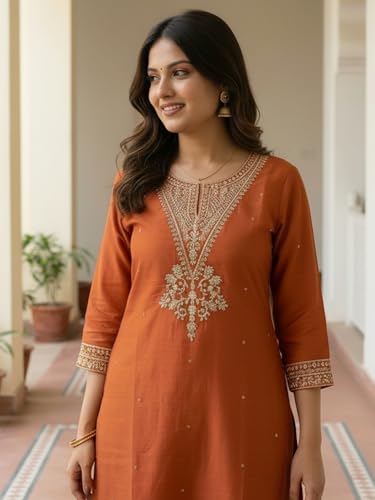 Image of INDO ERA Women's Silk Blend Embroidered Straight Kurta Pant with Dupatta Set