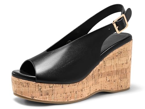 Coutgo Womens Platform Wedge Sandals Open Peep Toe Slingback Cork High Heels Summer Beach Shoes, Black, Size 8.5