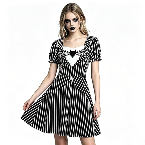 Poboola Christmas Night Jack Cosplay Costume Women Gothic Womens Black White Pinstripe Dress Halloween Fancy Dress Outfit XL