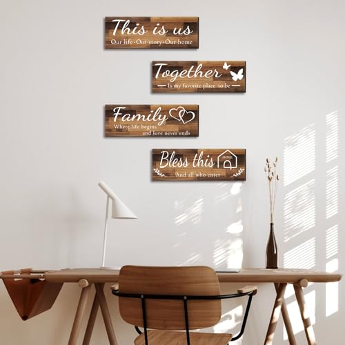 4 Pieces Home Wall Signs, THIS IS US/TOGETHER/BLESS THIS HOME/FAMILY Wall Decor For Living Room Bedroom, Rustic Wooden Farmhouse Wall Art , 4.7 x 13.8 Inch(Brown) - Image 7
