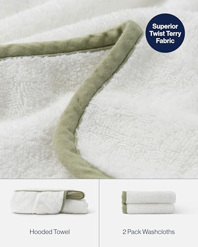 Image of Lalo The Hooded Towel & Washcloth Set, 100% Organic Cotton, Soft on Sensitive Skin, Durable & Absorbent, Machine Washable, Includes One Baby Towel and Two Washcloths - Sage