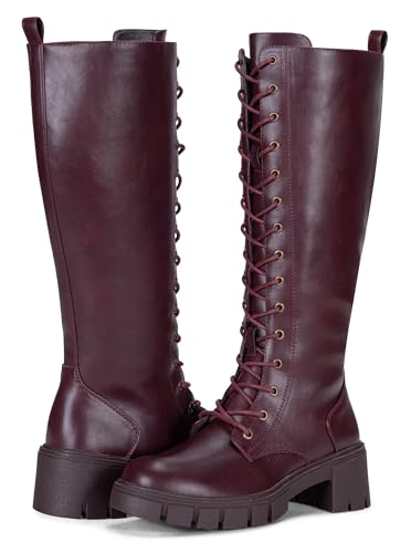 Image of Vepose Women's 953 Knee High Combat Boots Chunky Platform Heel, Lace Up Gothic Punk Work Boots for Dresses and Jeans
